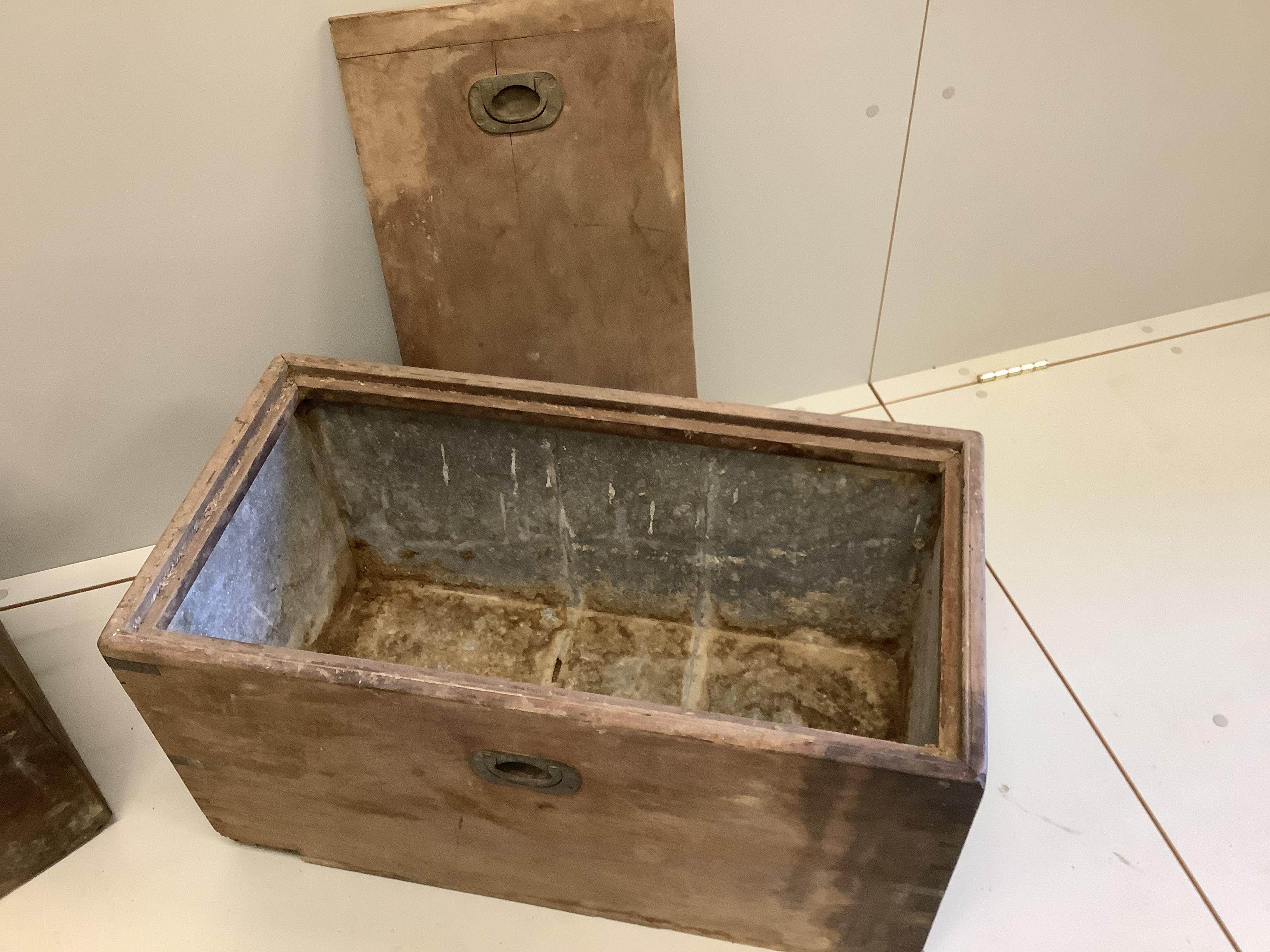 A pair of lead lined shooting picnic boxes, width 72cm, depth 38cm, height 38cm